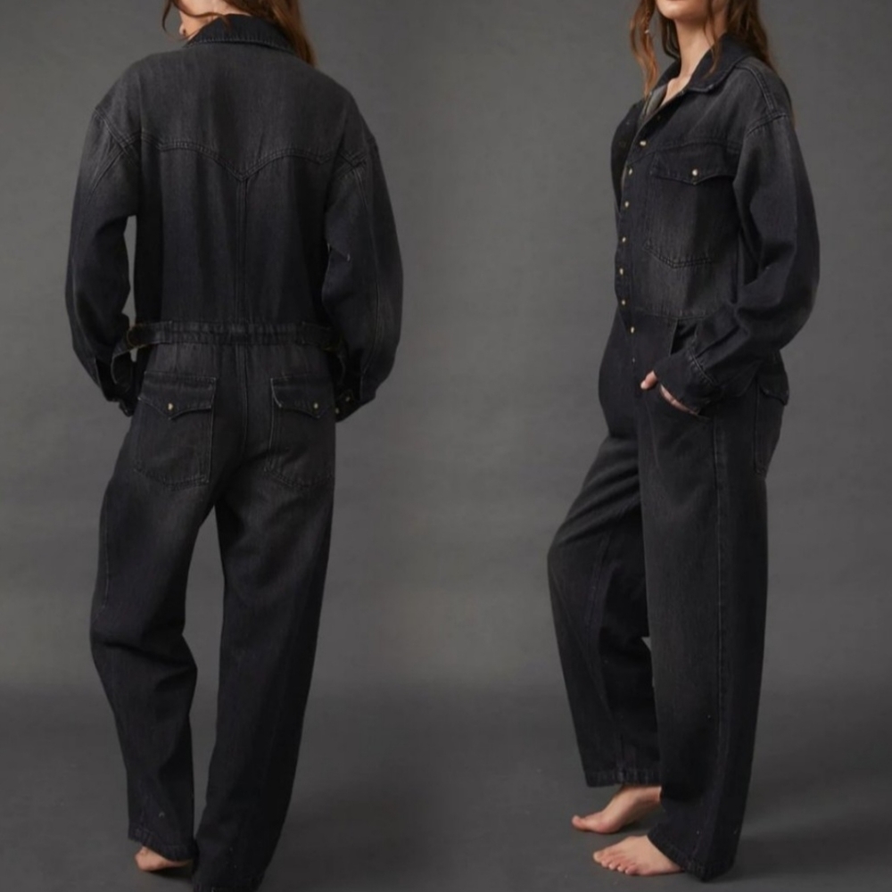 We The Free Townes Boho black denim jumpsuit utility coveralls medium